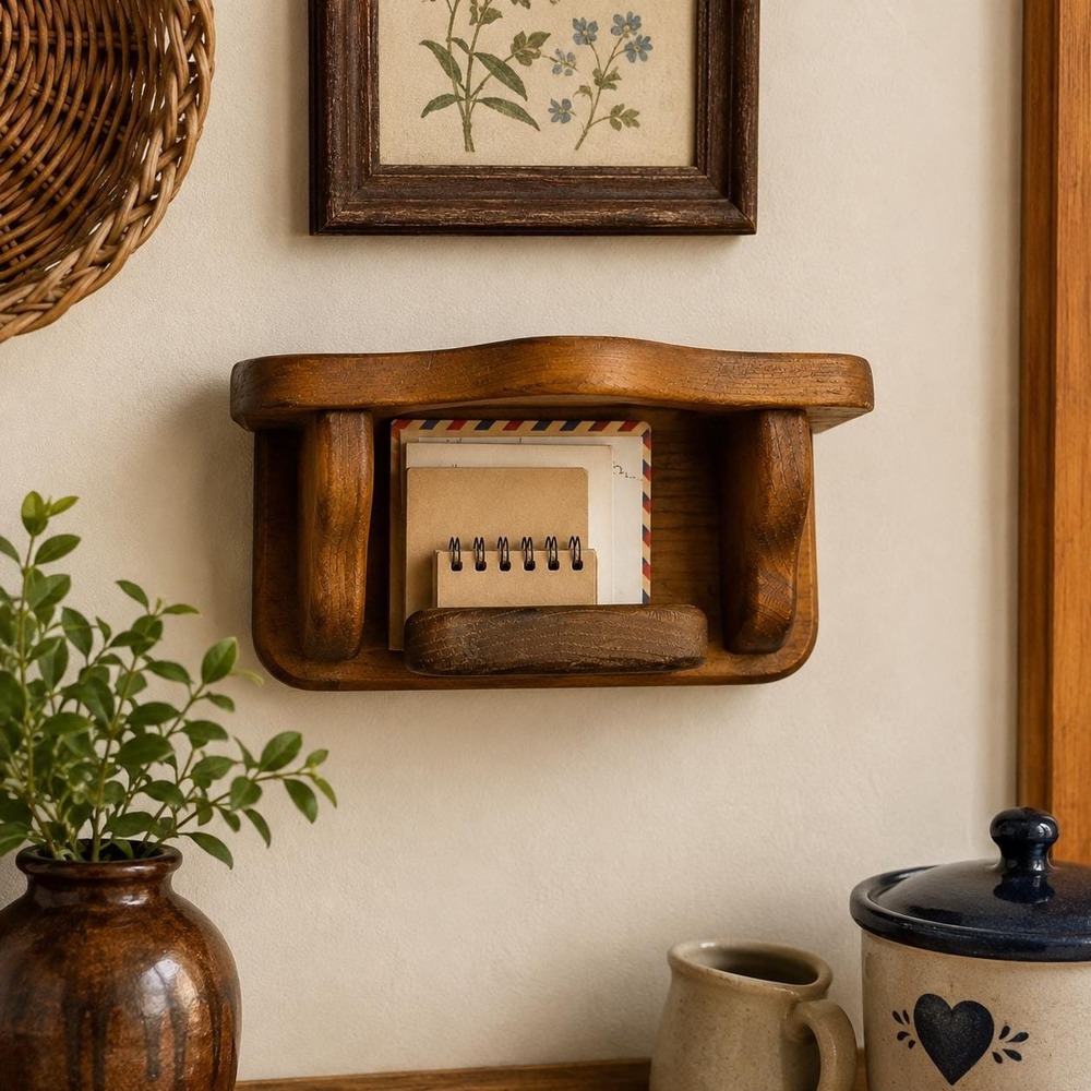 Vintage Wood Wall Organizer Small Country Kitchen Mail Recipe Card Holder Shelf
